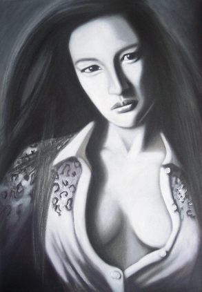 Charcoal and graphite commissioned portrait of Kiara, rendered in rich tonal layers.