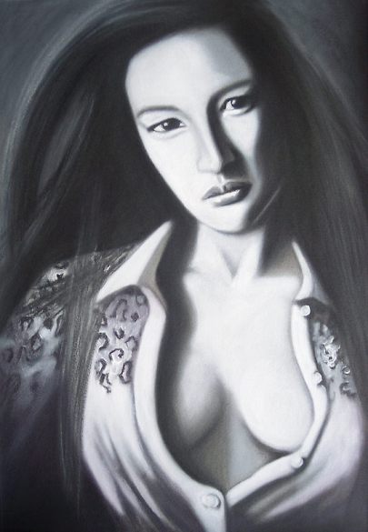 Charcoal and graphite commissioned portrait of Kiara, rendered in rich tonal layers.