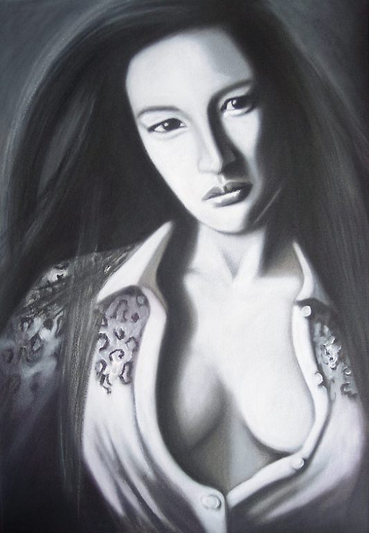Charcoal and graphite commissioned portrait of Kiara, rendered in rich tonal layers.