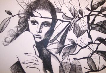 Black ink illustrative portrait “Fronde” of a figure with long dark hair and patterned shoulders, rendered in bold lines and gray washes.