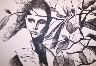 Black ink illustrative portrait “Fronde” of a figure with long dark hair and patterned shoulders, rendered in bold lines and gray washes.