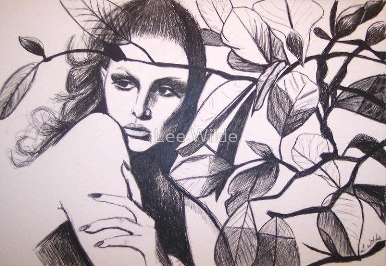 Black ink illustrative portrait “Fronde” of a figure with long dark hair and patterned shoulders, rendered in bold lines and gray washes.