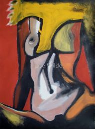Figurative abstract painting - a ceremonial portrait with tribal geometry and feathers, vertical composition, interior‑design context, keyphrase: Hungry Like the Wolf painting by Lee Wilde