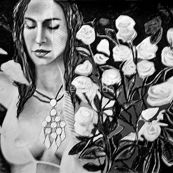 Graphite drawing of young woman with roses
