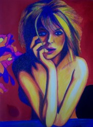 Colored pencil drawing “Kari” of a seated woman resting her head on folded arms against a deep red background