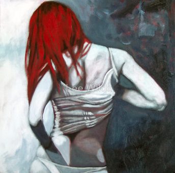 Mia - a soft cubism painting of a young woman with long red hair, with back turned