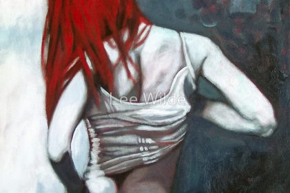 Mia - a soft cubism painting of a young woman with long red hair, with back turned