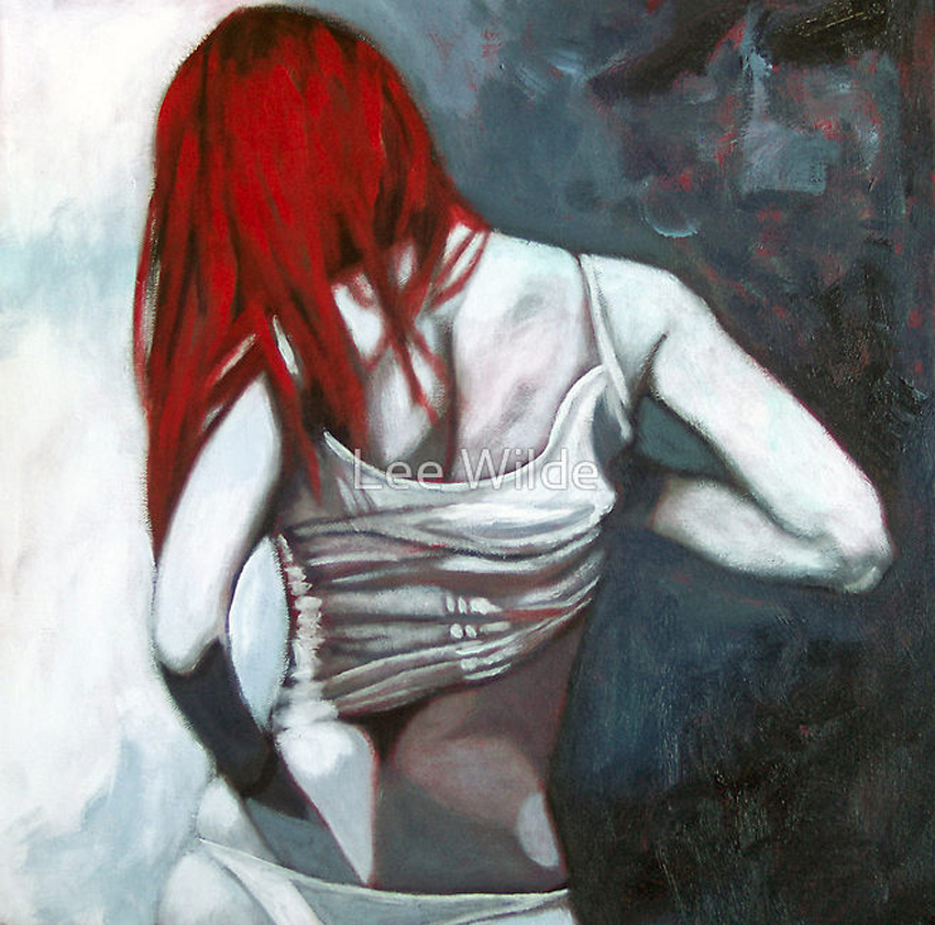Mia - a soft cubism painting of a young woman with long red hair, with back turned