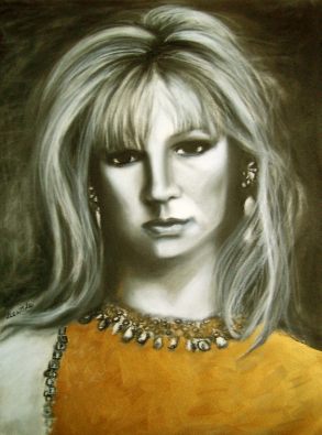 Monochrome portrait painting of a woman with long light hair and fringe, wearing jeweled earrings and a gold-toned garment with an ornate neckline. Her expression is calm and direct, set against a dark, softly blended background. Artwork by Lee Wilde.