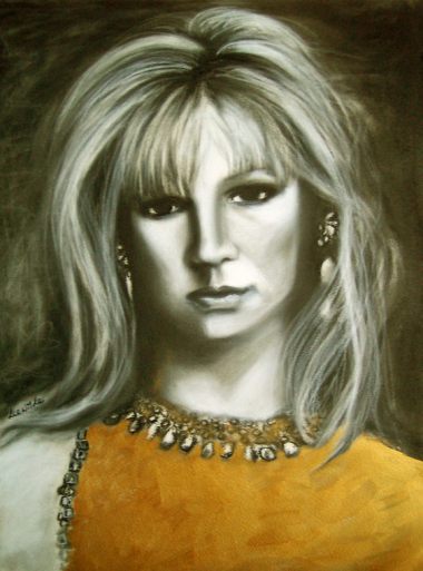 Monochrome portrait painting of a woman with long light hair and fringe, wearing jeweled earrings and a gold-toned garment with an ornate neckline. Her expression is calm and direct, set against a dark, softly blended background. Artwork by Lee Wilde.