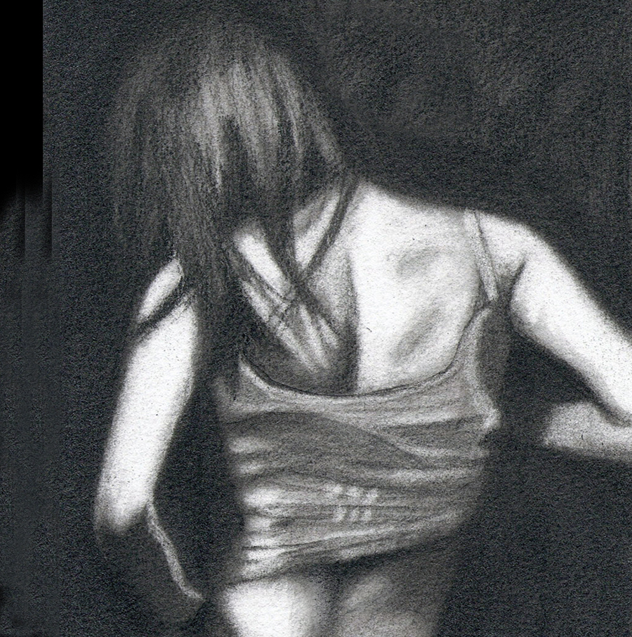 Figurative Art Graphite Drawing of young woman with back turned.