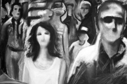 Charcoal drawing of a crowd of pedestrians on a busy sidewalk