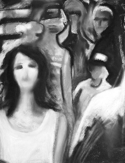 Charcoal drawing of a crowd of pedestrians on a busy sidewalk