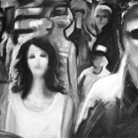 Charcoal drawing of a crowd of pedestrians on a busy sidewalk