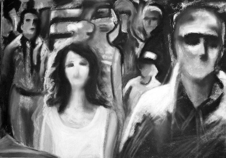 Charcoal drawing of a crowd of pedestrians on a busy sidewalk