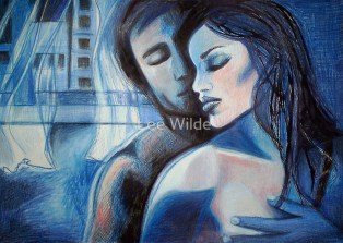 Soft Cubism drawing, Blue by Lee Wilde, featuring two intimately posed figures against abstract blue-toned architecture.