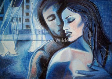 Soft Cubism drawing, Blue by Lee Wilde, featuring two intimately posed figures against abstract blue-toned architecture.