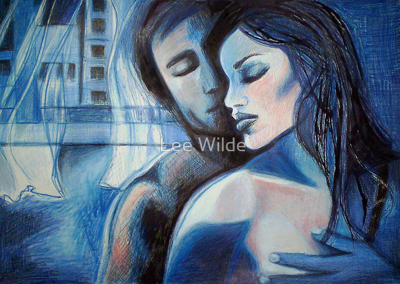 Soft Cubism drawing, Blue by Lee Wilde, featuring two intimately posed figures against abstract blue-toned architecture.