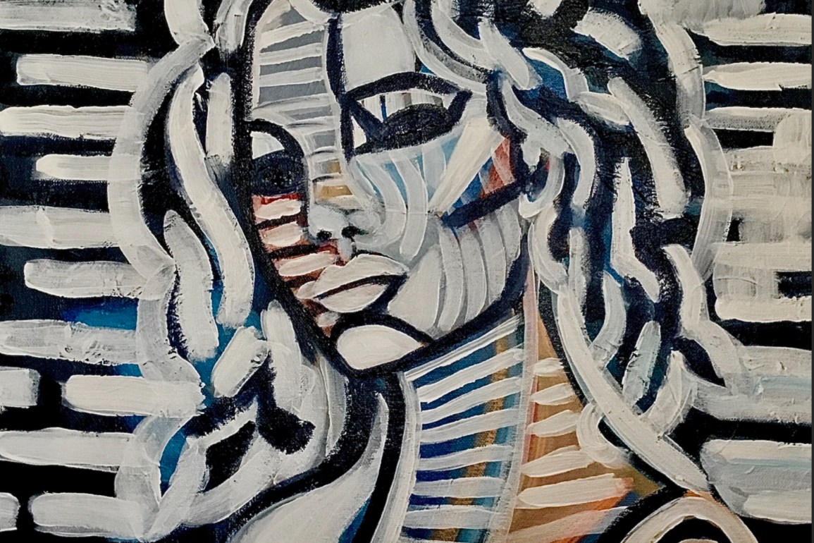 expressive geometric portrait by Lee Wilde. A female figure rendered in layered stripes of blue, black, and white; facial features abstracted into rhythmic linear patterns. Hair sweeps to the right in dynamic motion, while the background echoes the same geometric rhythm, creating a unified, modern composition.