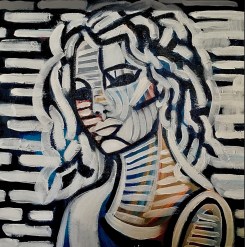 expressive geometric portrait by Lee Wilde. A female figure rendered in layered stripes of blue, black, and white; facial features abstracted into rhythmic linear patterns. Hair sweeps to the right in dynamic motion, while the background echoes the same geometric rhythm, creating a unified, modern composition.