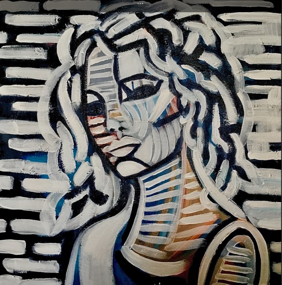 expressive geometric portrait by Lee Wilde. A female figure rendered in layered stripes of blue, black, and white; facial features abstracted into rhythmic linear patterns. Hair sweeps to the right in dynamic motion, while the background echoes the same geometric rhythm, creating a unified, modern composition.