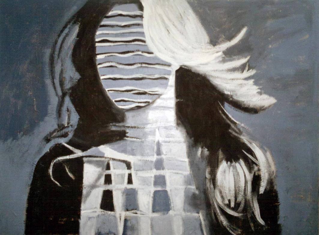 monochrome geometric abstraction by Lee Wilde. A stylised female figure rendered in shades of blue, black, and white; the face replaced by horizontal sine‑wave lines, the body structured through a grid pattern. Hair flows dynamically to the right, evoking motion and rhythm within a minimalist, abstract composition.