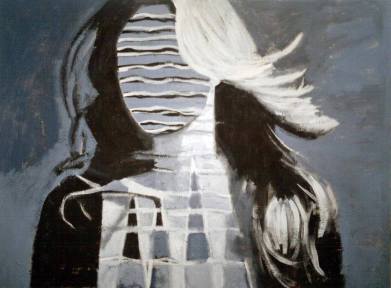 monochrome geometric abstraction by Lee Wilde. A stylised female figure rendered in shades of blue, black, and white; the face replaced by horizontal sine‑wave lines, the body structured through a grid pattern. Hair flows dynamically to the right, evoking motion and rhythm within a minimalist, abstract composition.