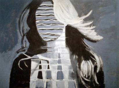 monochrome geometric abstraction by Lee Wilde. A stylised female figure rendered in shades of blue, black, and white; the face replaced by horizontal sine‑wave lines, the body structured through a grid pattern. Hair flows dynamically to the right, evoking motion and rhythm within a minimalist, abstract composition.