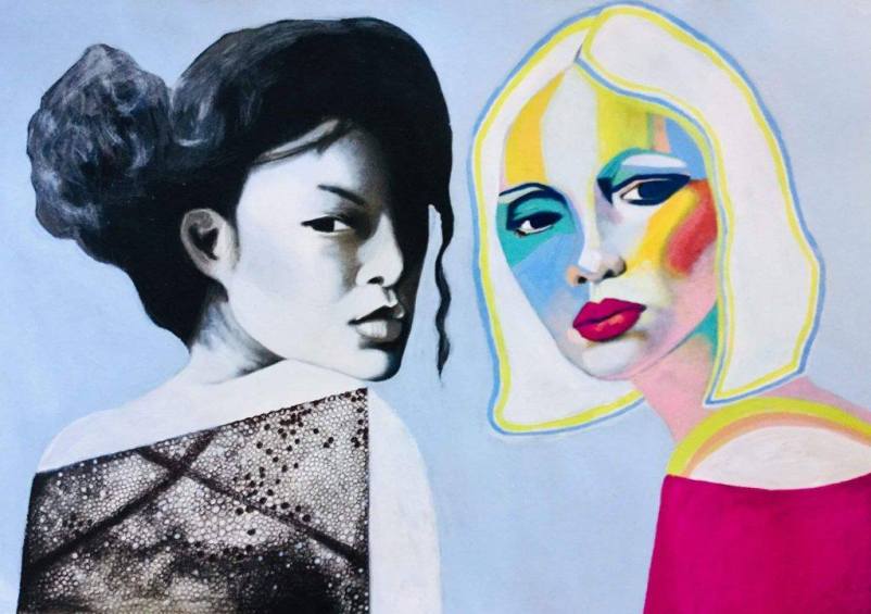 Contemporary Australian Figurative Art titled ‘Rumours’; abstract portrayal of fragmented identity and emotional ambiguity.