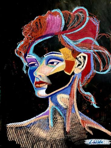 Expressive coloured pencil portrait of the goddess Iris