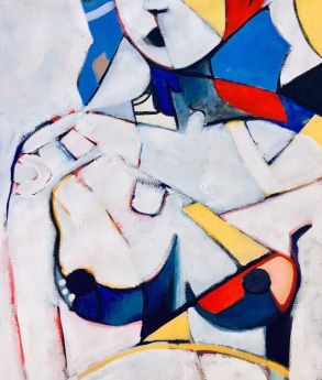 Painting — geometric figurative abstraction in primary colours, Mondrian‑inspired composition, interior‑design context, keyphrase: In a Mondrian Mood painting by Lee Wilde