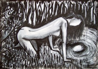 A faceless figure kneels beside a moonlit stream in a forest, staring into her own reflection. Symbolic of introspection, identity, and life’s ephemeral flow, this monochromatic drawing evokes mystery and philosophical longing.