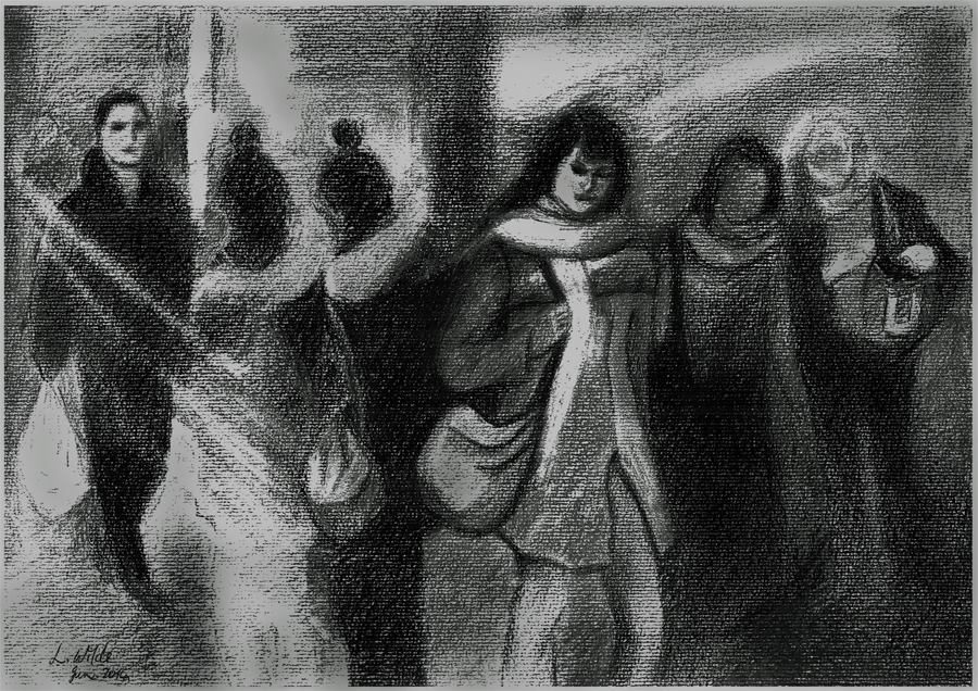 Charcoal drawing of people walking outside cinema