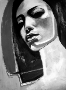 Striking Monochromatic figurative abstraction Portrait titled 'Angel', inspired by Massive Attack's song; features expressive abstract contrasts.