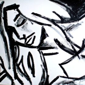 Figurative wall art, expressive drybrush painting ‘Sansara’; abstract black brushwork evokes emotional and spiritual transformation.