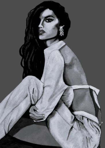 Charcoal fashion portrait of woman titled “Sierra” by Lee Wilde, rendered in monochromatic tones