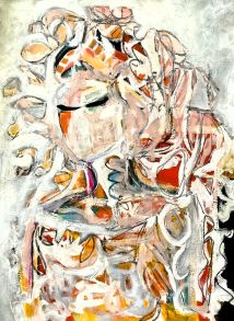 Abstract expressionist painting of a dissolving female figure in warm autumn tones, rendered with gestural brushwork, suitable for contemporary art interiors.