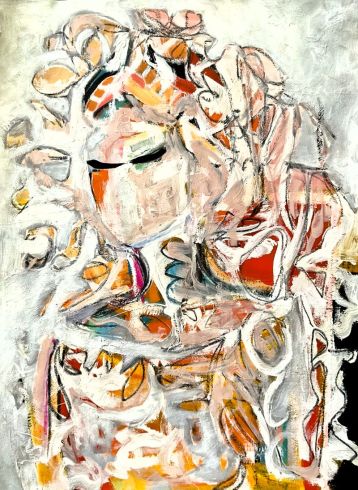 Abstract expressionist painting of a dissolving female figure in warm autumn tones, rendered with gestural brushwork, suitable for contemporary art interiors.