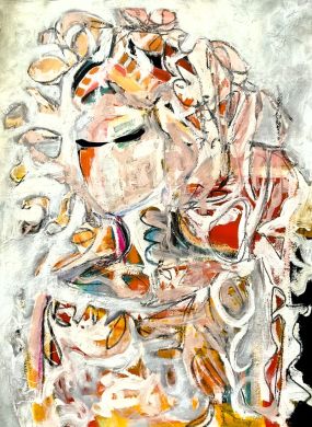 Abstract expressionist painting of a dissolving female figure in warm autumn tones, rendered with gestural brushwork, suitable for contemporary art interiors.
