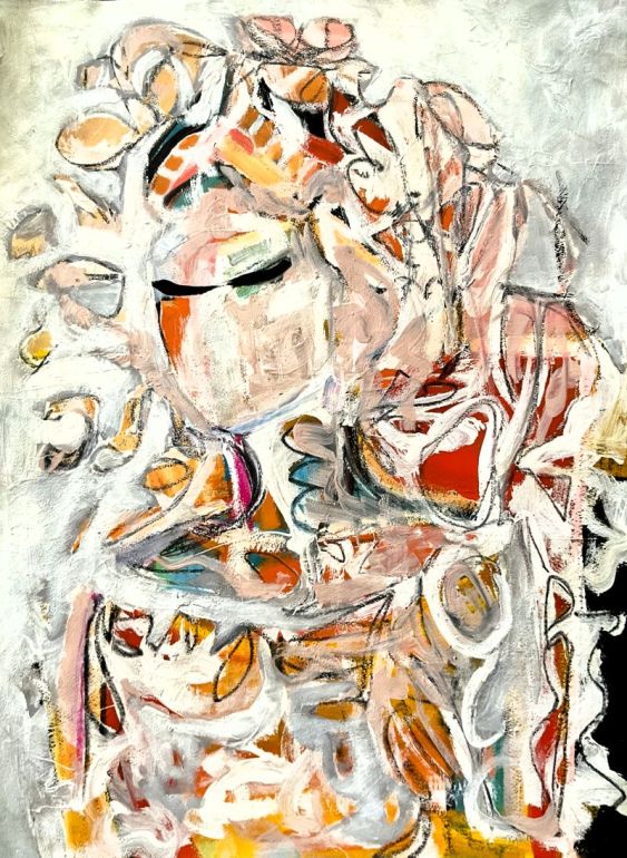 Abstract expressionist painting of a dissolving female figure in warm autumn tones, rendered with gestural brushwork, suitable for contemporary art interiors.