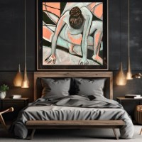 Back to Life painting hanging above king size bed in luxury bedroom