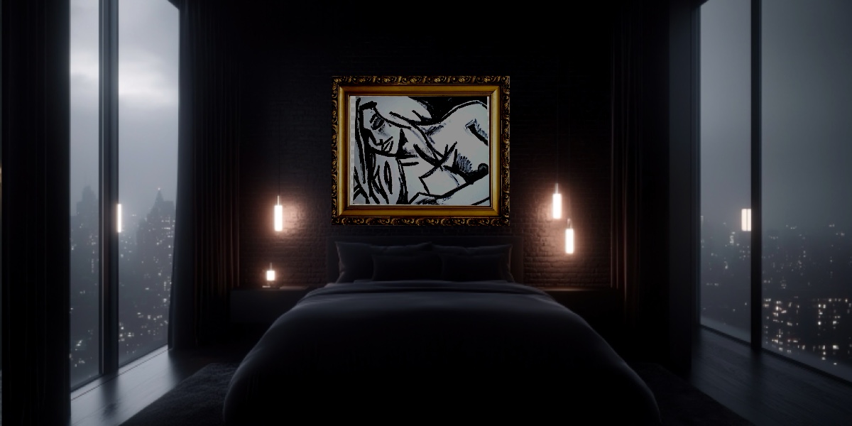 Figurative Wall Art Sansara, hanging in a luxury bedroom
