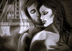 Monochromatic wall art titled "Glenferrie Road" by Lee Wilde, showing a figure in emotional stillness against a backdrop of buildings and flowing curtains.