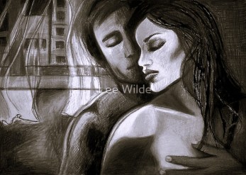 Monochromatic wall art titled "Glenferrie Road" by Lee Wilde, showing a figure in emotional stillness against a backdrop of buildings and flowing curtains.