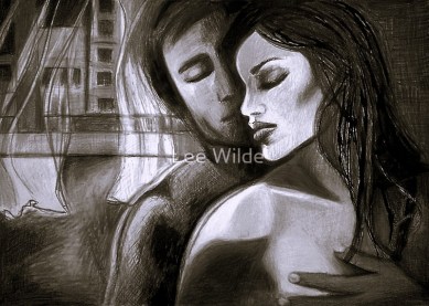 Monochromatic wall art titled "Glenferrie Road" by Lee Wilde, showing a figure in emotional stillness against a backdrop of buildings and flowing curtains.