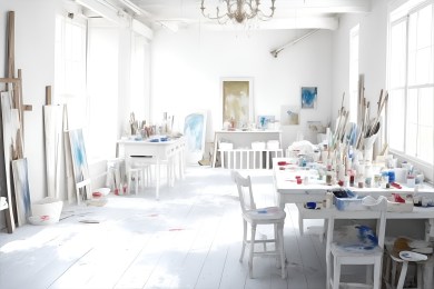Working From Home - White atelier. A painter or artist atelier, craft room, with white interior. Lots of paint, paint brushes, and paint sumdges and splatters
