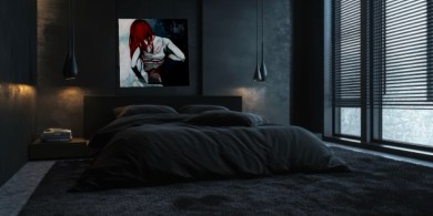 Soft Cubism painting hanging above bed in a darkened bedroom