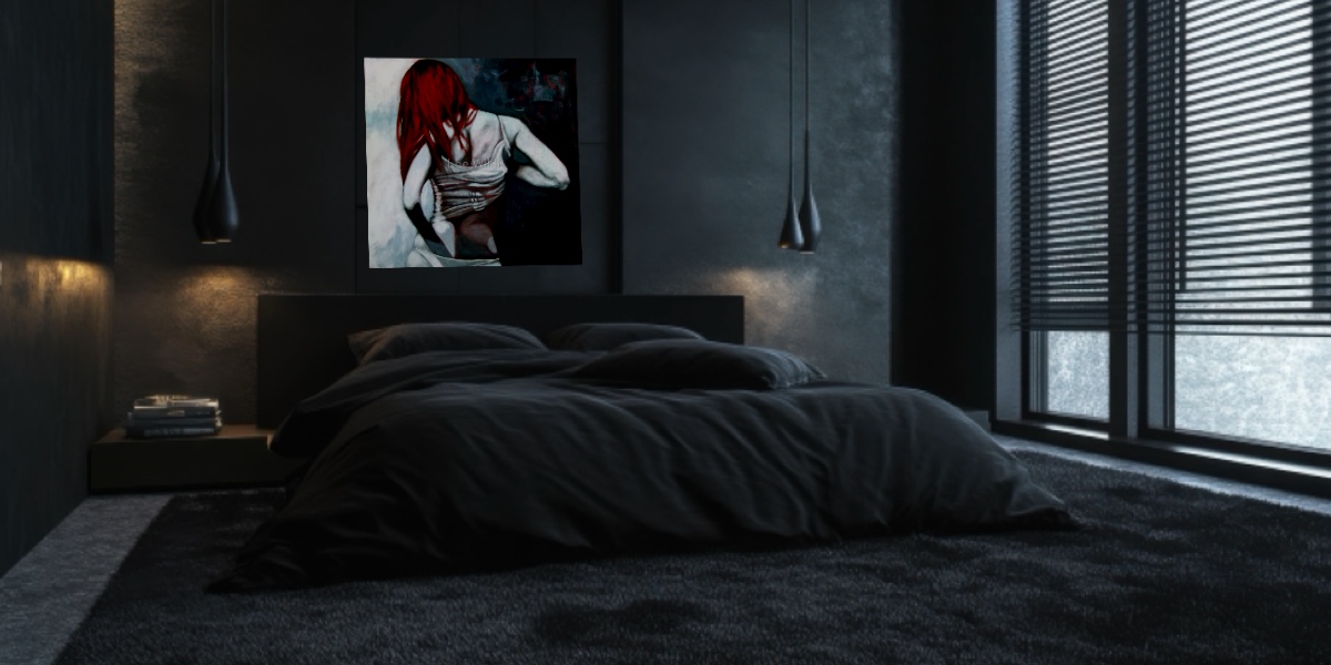 Soft Cubism painting hanging above bed in a darkened bedroom