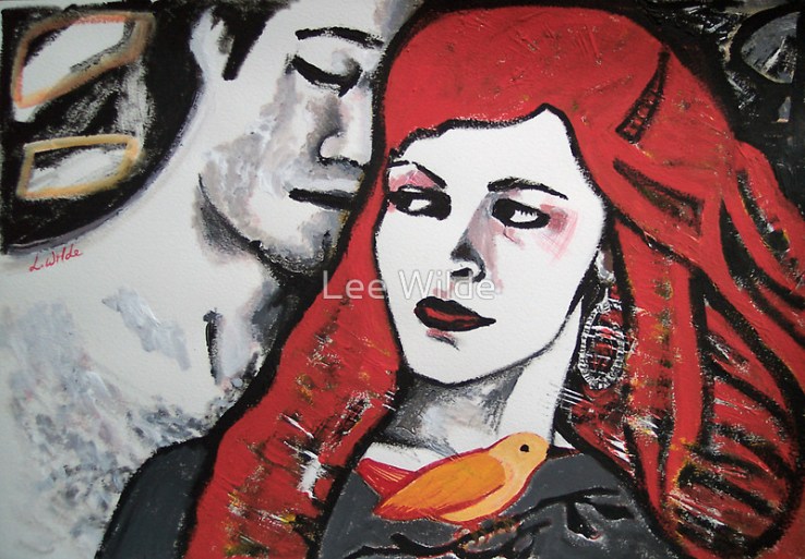 Painting titled Bad Little Bird depicting two intimate figures — a man with shaded face and closed eyes leaning toward a red‑haired woman with pale skin, red lips, and a large earring, with a small orange bird perched on her chest.