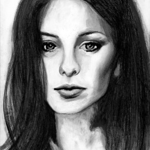 Black and white drawing of a sad young woman